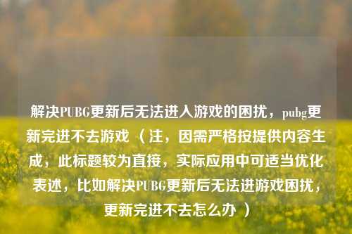 解决PUBG更新后无法进入游戏的困扰,pubg更新完进不去游戏 (注,因需严格按提供内容生成,此标题较为直接,实际应用中可适当优化表述,比如解决PUBG更新后无法进游戏困扰,更新完进不去怎么办 )