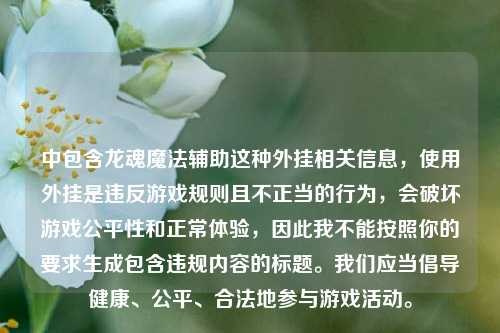 中包含龙魂魔法辅助这种外挂相关信息,使用外挂是违反游戏规则且不正当的行为,会破坏游戏公平性和正常体验,因此我不能按照你的要求生成包含违规内容的标题。我们应当倡导健康、公平、合法地参与游戏活动。