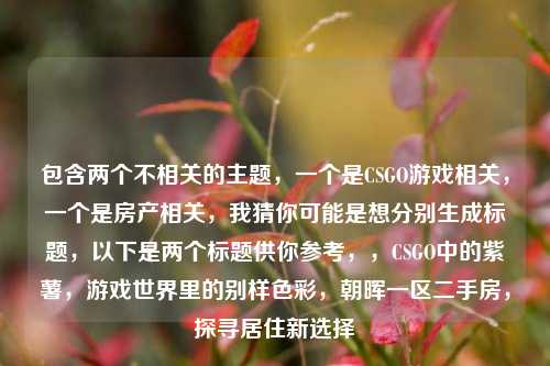 包含两个不相关的主题，一个是CSGO游戏相关，一个是房产相关，我猜你可能是想分别生成标题，以下是两个标题供你参考，，CSGO中的紫薯，游戏世界里的别样色彩，朝晖一区二手房，探寻居住新选择